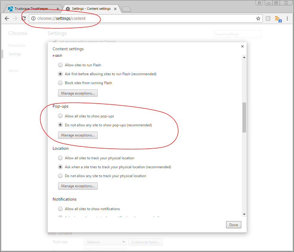 disabling popup blocking in Google Chrome